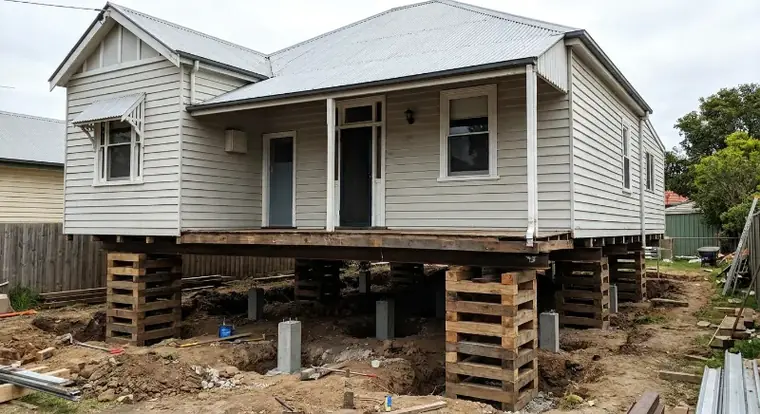 New concrete stumps set and packed beneath a timber floor frame