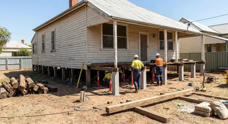New concrete stumps supporting a timber bearer in a section of subfloor