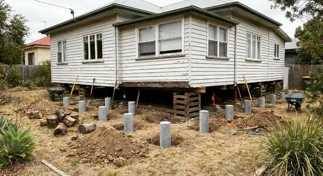 An excavated trench alongside a house footing prepared for underpinning